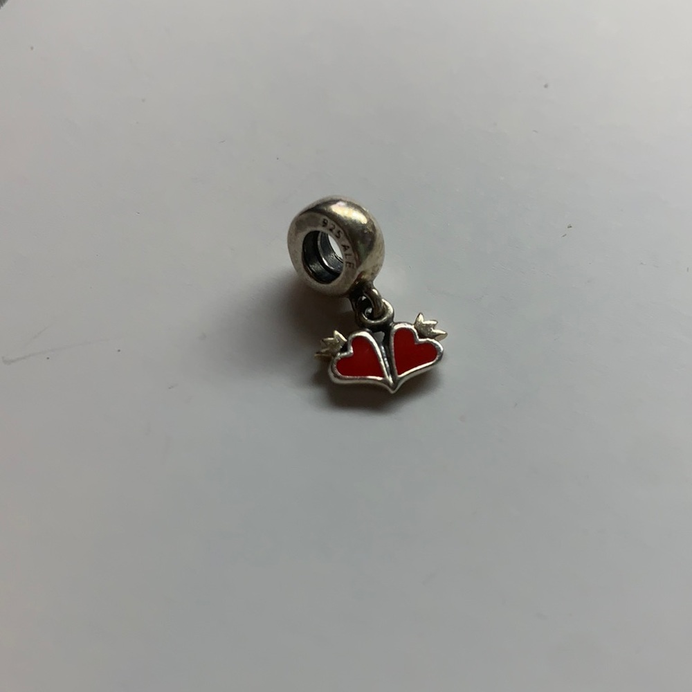 Pandora Charm - Retired Red Enamel Hearts with Crowns, 925 Silver & 14K Gold